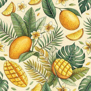 Seamless repeating pattern of ripe mangoes, mango slices, tropical leaves, and white flowers