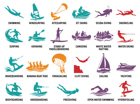 Water Sports Activity Icons Vector Illustration Set for Summer Recreation Design