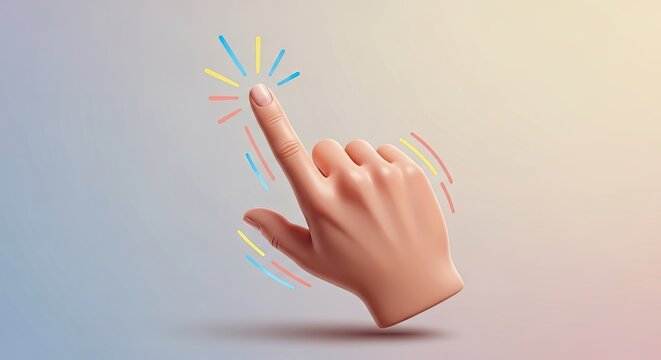 3D cartoon hand pointing with colorful sparkle effects.