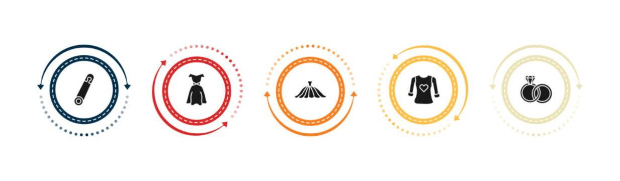 filled woman clothing icons set - perdible pin, female sexy dress, long dress, heart shaped clothes. editable vector for web and mobile ui