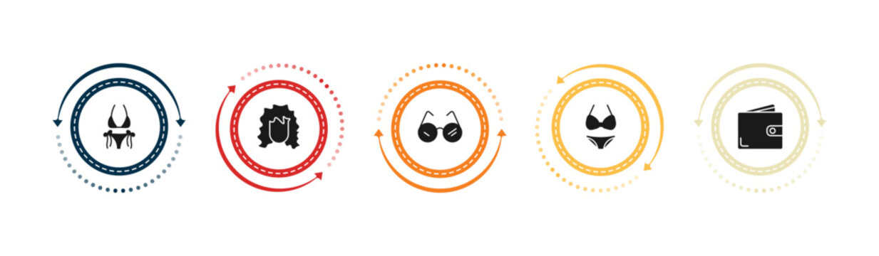 filled woman clothing icons set - string bikini, human black hair, eyeglasses, bikini. editable vector for web and mobile ui