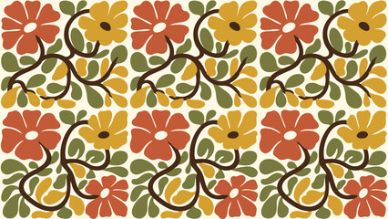 Retro seamless floral pattern with vintage 1970s style flowers and leaves. Flat vector illustration EPS 10. © Robich Art