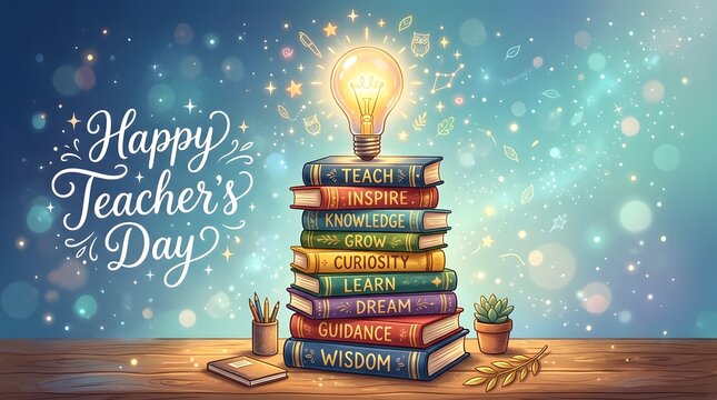 A stack of colorful books with a glowing lightbulb for a creative teachers day celebration