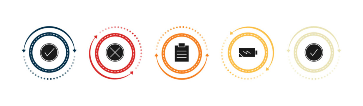 filled user interface icons set - check square, cancel, padnote, charging status. editable vector for web and mobile ui