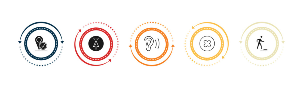 filled ultimate glyphicons icons set - checked pin, mouse up arrow, ear with sound bar, dot crossed. editable vector for web and mobile ui
