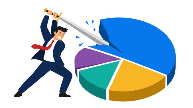 Ambitious businessman wielding sword to claim largest pie chart slice, bold flat illustration of competitive market share struggle and business ambition