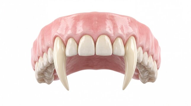 Realistic human dental arch featuring sharp pointed vampire fangs presented isolated on white background
