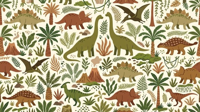 Seamless dinosaur pattern with prehistoric plants. Cute Jurassic reptile wallpaper design.