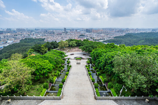 A view of the cityscape from Longguang Pagoda in the Baishuidai Scenic Area, Jiangmen City, China.