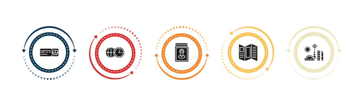 filled travel icons set - bus ticket, time zone, map book, brochure. editable vector for web and mobile ui