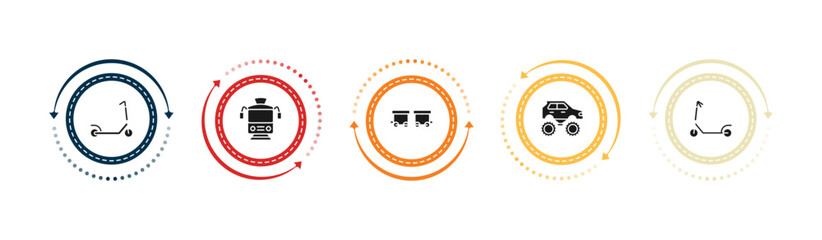 filled transportation icons set - kick scooter, tram front view, wagon, monster truck. editable vector for web and mobile ui © IconArt