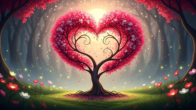 Pink love heart tree in pixel art style at night