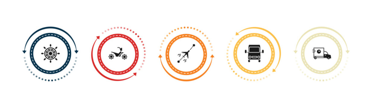 filled transport icons set - ship wheel, quad bike, flights, van front view. editable vector for web and mobile ui