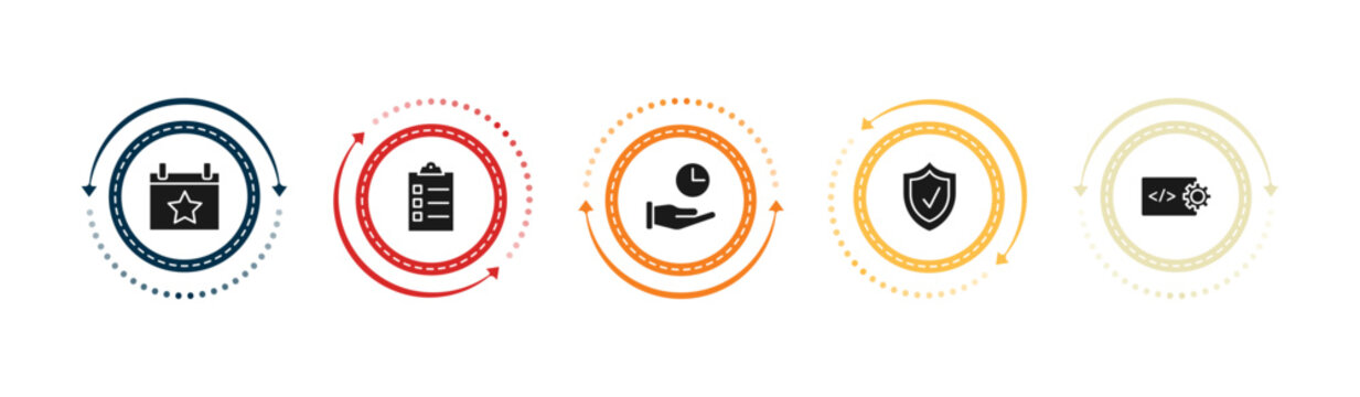 filled time management icons set - event, tasks, save time, protect. editable vector for web and mobile ui
