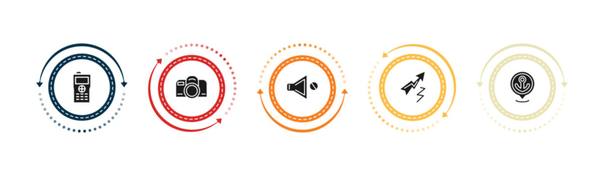 filled technology icons set - big walkie talkie, reflex photo camera, no audio, lightning arrow. editable vector for web and mobile ui