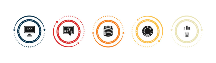 filled technology icons set - self-closing tag, microblogging, caching, colory theory. editable vector for web and mobile ui © IconArt