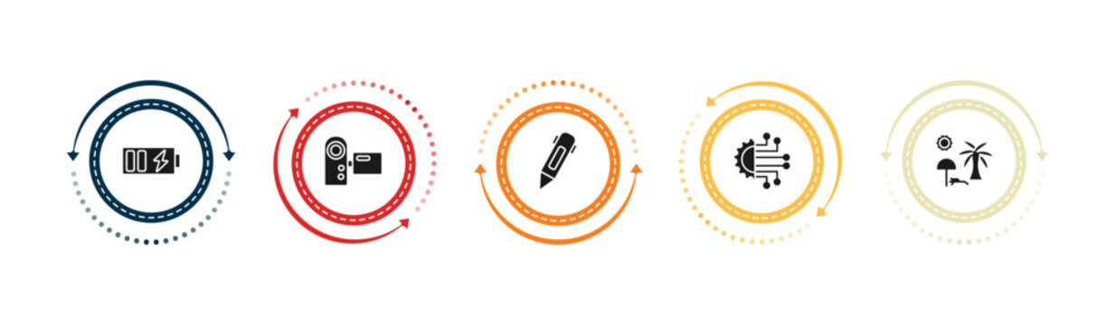 filled technology icons set - battery power, video camera front view, digital pen, technology. editable vector for web and mobile ui