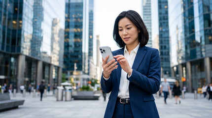 Fototapeta premium Confident Asian Female Executive in Business Suit Using Mobile Phone Outside Corporate Office Buildings