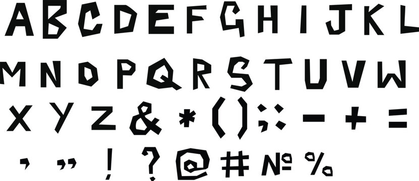 Black paper cutout collage font, Childish paper cut out letters ,numbers for kindergarten or school,  and stylized kids alphabet playful typeface vector