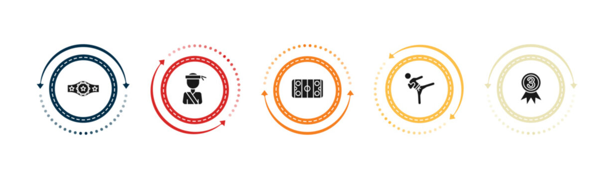 filled sports icons set - champion belt, pencak silat, hockey arena, karate fighter. editable vector for web and mobile ui
