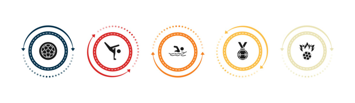 filled sports icons set - football ball circular, capoeira, swimming figure, weight lifting medal. editable vector for web and mobile ui