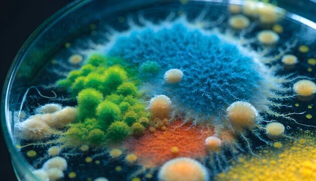 Colorful Microbial Cultures Growing In A Laboratory Petri Dish With Vivid Textures Under Bright Light