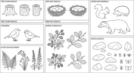 Forest wildlife and nature elements outline vector set with woodland animals, plants, and birds © Asib