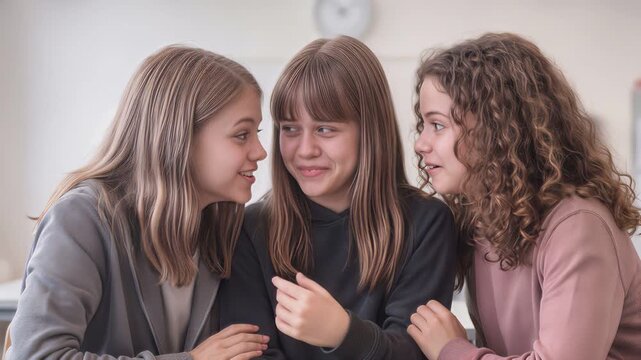 Schoolgirls whispering secrets and laughing together in classroom. Teenage friends sharing gossip during break time. Static medium shot.