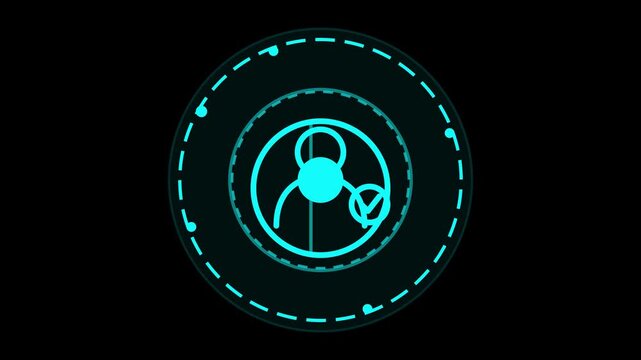Abstract futuristic interface icon with a circular glowing neon blue outline and a silhouette of a person inside, symbolizing user profile and settings on a dark background