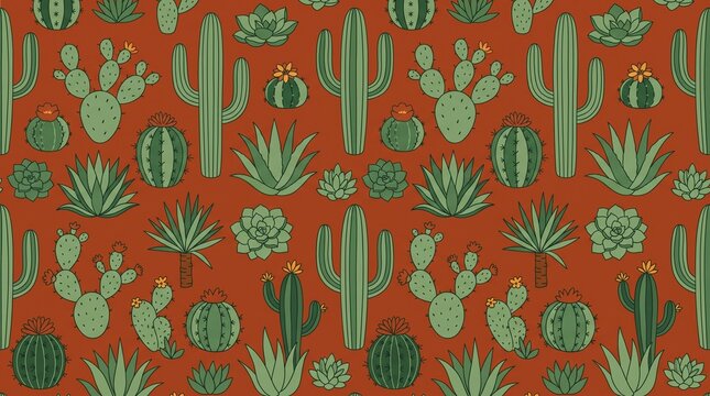 Seamless desert cactus pattern. Hand drawn succulent wallpaper with botanical elements.