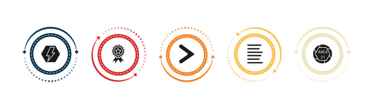 filled signs icons set - electric current, premium badge, is greater than, align left. editable vector for web and mobile ui