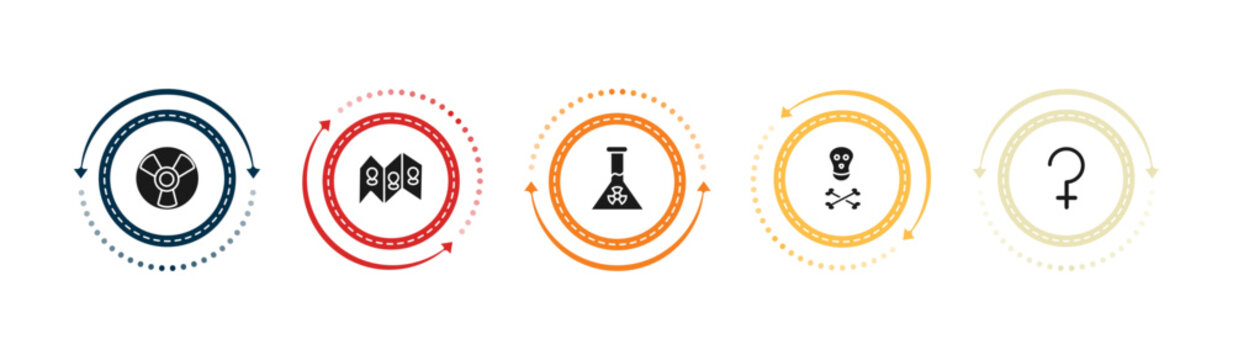 filled signs icons set - radioactive, map and map pointer, radioactive elements, toxic material. editable vector for web and mobile ui
