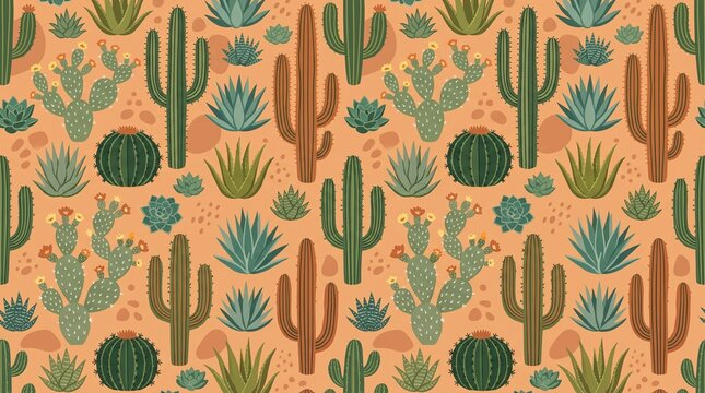 Desert cactus pattern background. Seamless botanical wallpaper with succulent plants.
