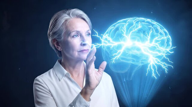 Senior woman interacting with glowing digital brain hologram. Medical technology and neuroscience concept. Medium shot with slight tilt up.