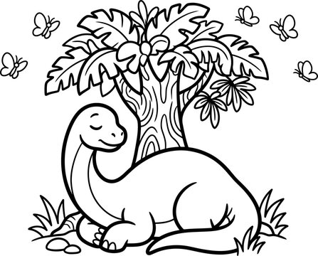Gentle brontosaurus sleeping peacefully under large tropical tree with hanging fruits, surrounded by grass and flying butterflies, serene scene.