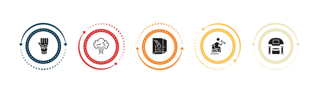 filled sauna icons set - mottled skin, steam jet, dousing shower, vascular workout. editable vector for web and mobile ui