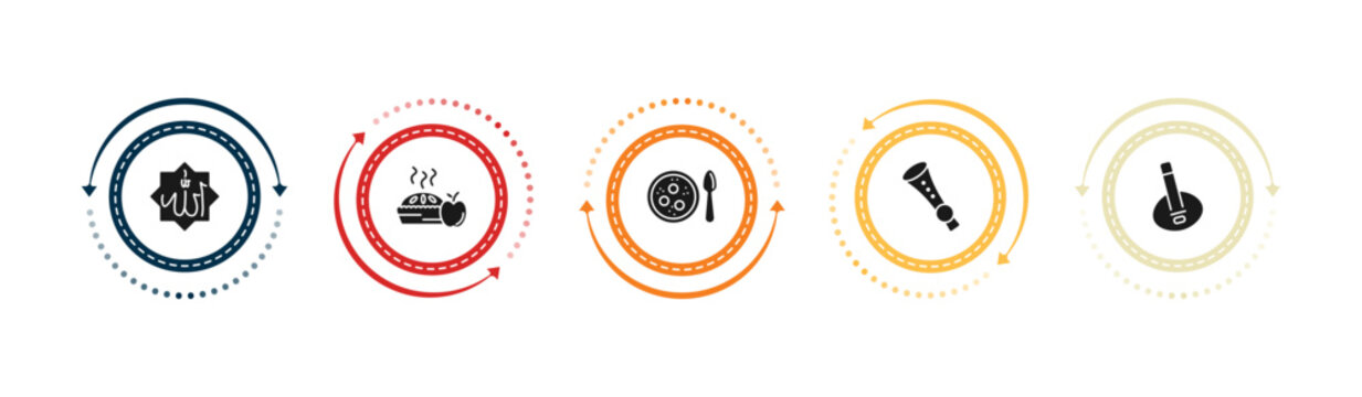 filled religion icons set - allah word, cake, matzo ball soup, shehnai. editable vector for web and mobile ui