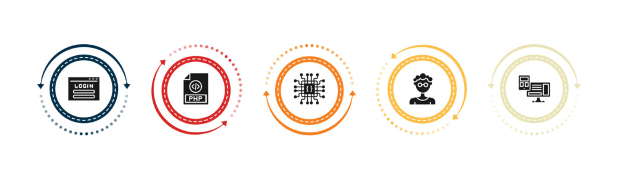 filled programming icons set - login, php, hardware, developer. editable vector for web and mobile ui