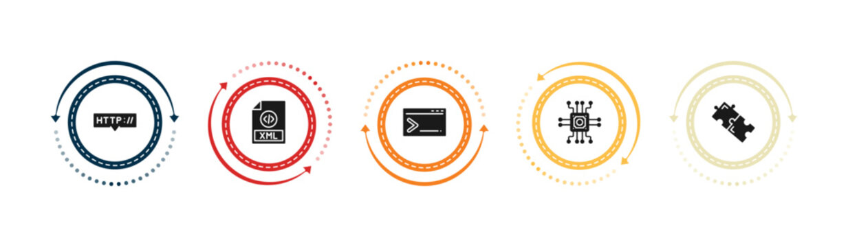 filled programming icons set - http, xml, code terminal, microchip. editable vector for web and mobile ui