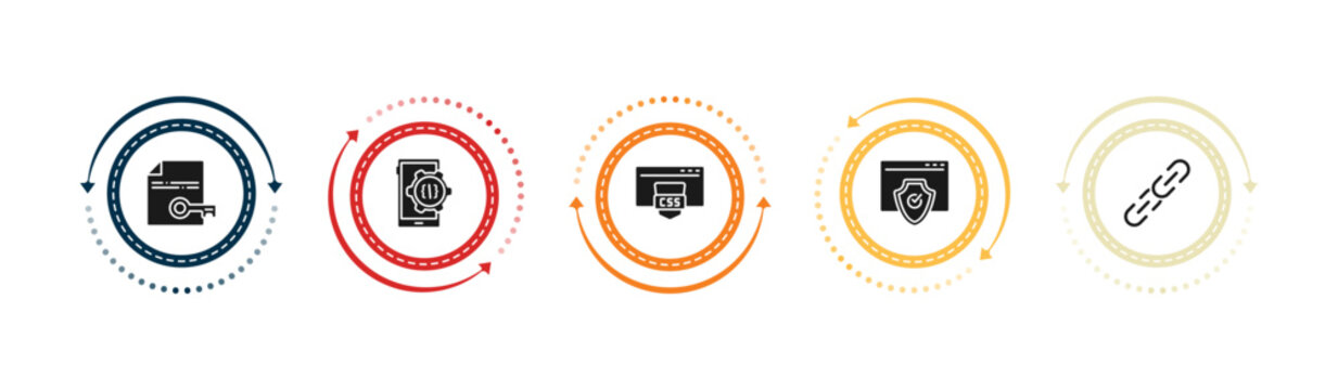 filled programming icons set - encripted file, mobile development, css, authorize. editable vector for web and mobile ui