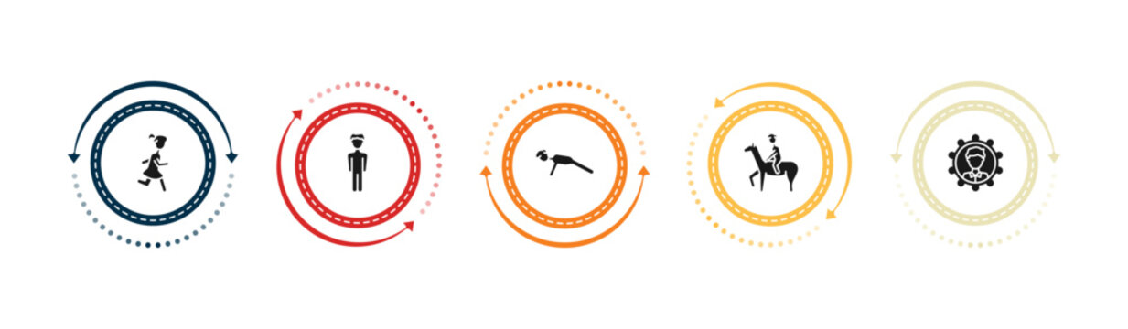 filled people icons set - girl running, vertical, push ups, man riding a horse. editable vector for web and mobile ui