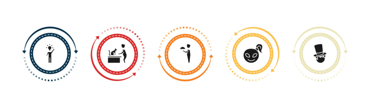 filled people icons set - man with an idea, vet with cat, waiter working, alien smile. editable vector for web and mobile ui