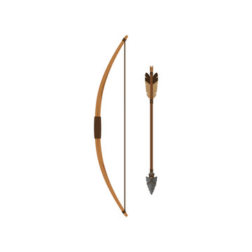 Wooden bow with an arrow isolated on a white background in a flat vector illustration