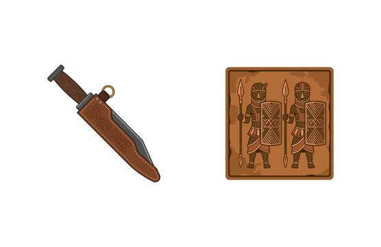 Ancient Roman combat gear including a gladius sword in a leather scabbard and a tile relief depicting two legionary soldiers with shields and spears