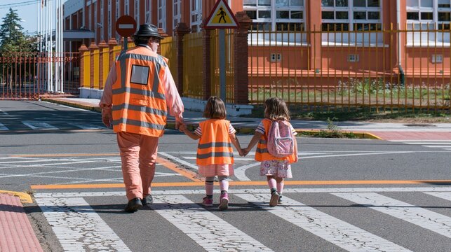 A person in a reflective vest escorts two children across a marked crosswalk.