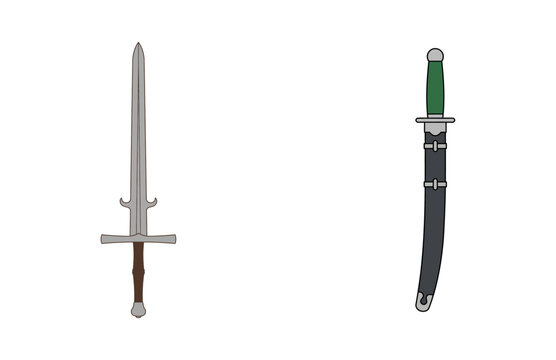 Vector illustration featuring a medieval sword and a dagger with sheath on white background