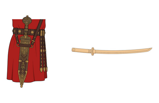 Ancient weapons illustration featuring a Roman gladius dagger in an ornate sheath and a Japanese katana sword