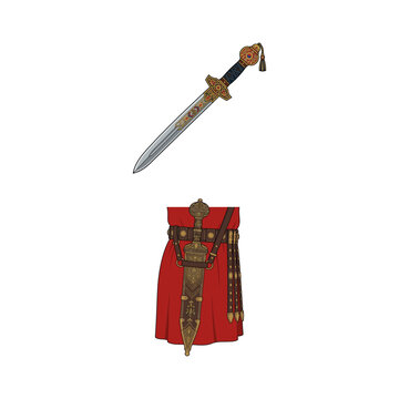 Detailed illustration of an ancient Roman gladius sword and its decorated sheath on a red tunic