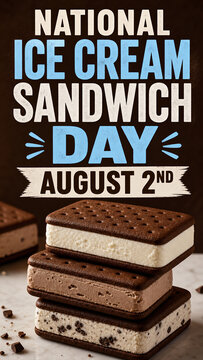National Ice Cream Sandwich Day August 2nd graphic with stacked delicious treats