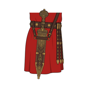 Detailed vector illustration of an ancient Roman gladius sword and scabbard with ornate belt
